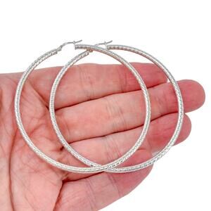 Estate Italy Sterling Silver 925 7cm Textured Hoop Earrings